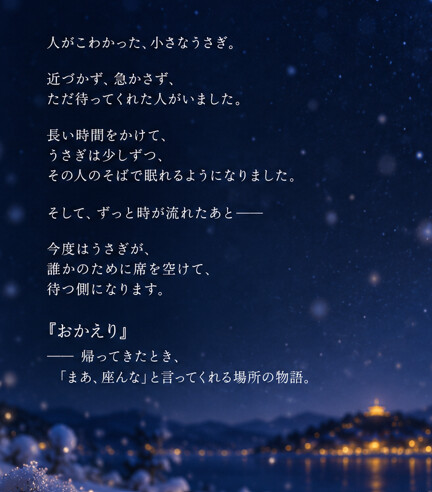 人がこわかった、小さなうさぎ。近づかず、急かさず、ただ待ってくれた人がいました。長い時間をかけて、うさぎは少しずつ、その人のそばで眠れるようになりました。そして、ずっと時が流れたあと――今度はうさぎが、誰かのために席を空けて、待つ側になります。『おかえり』―― 帰ってきたとき、「まあ、座んな」と言ってくれる場所の物語。