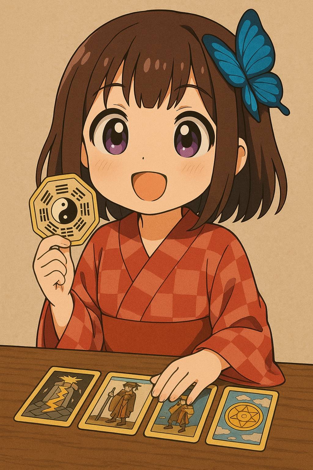 占いの道具とカードを手に笑う、わらこ