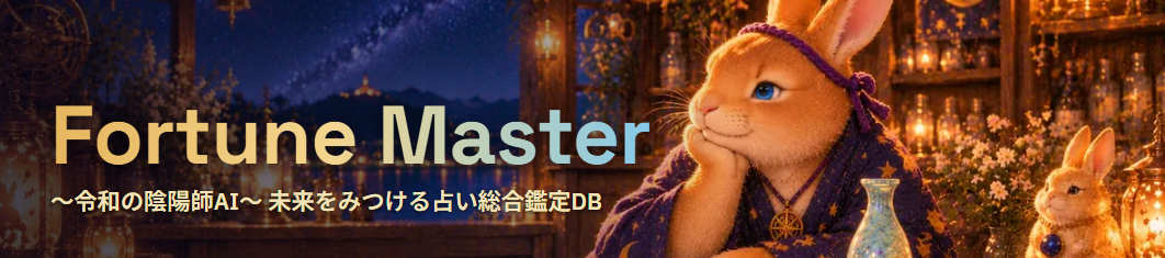 Fortune Master。令和の陰陽師AI、未来をみつける占い総合鑑定DB。夜の窓辺で、頬杖をつく親分のうさぎ。