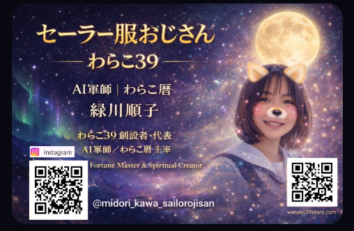 セーラー服おじさん わらこ39。AI軍師｜わらこ暦、緑川順子。わらこ39 創設者・代表、AI軍師／わらこ暦 主宰。Fortune Master & Spiritual Creator。Instagram @midori_kawa_sailorojisan