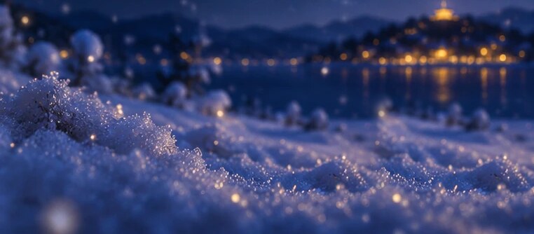 雪の降り積もる夜。湖の向こうに、灯りのともる町が見える