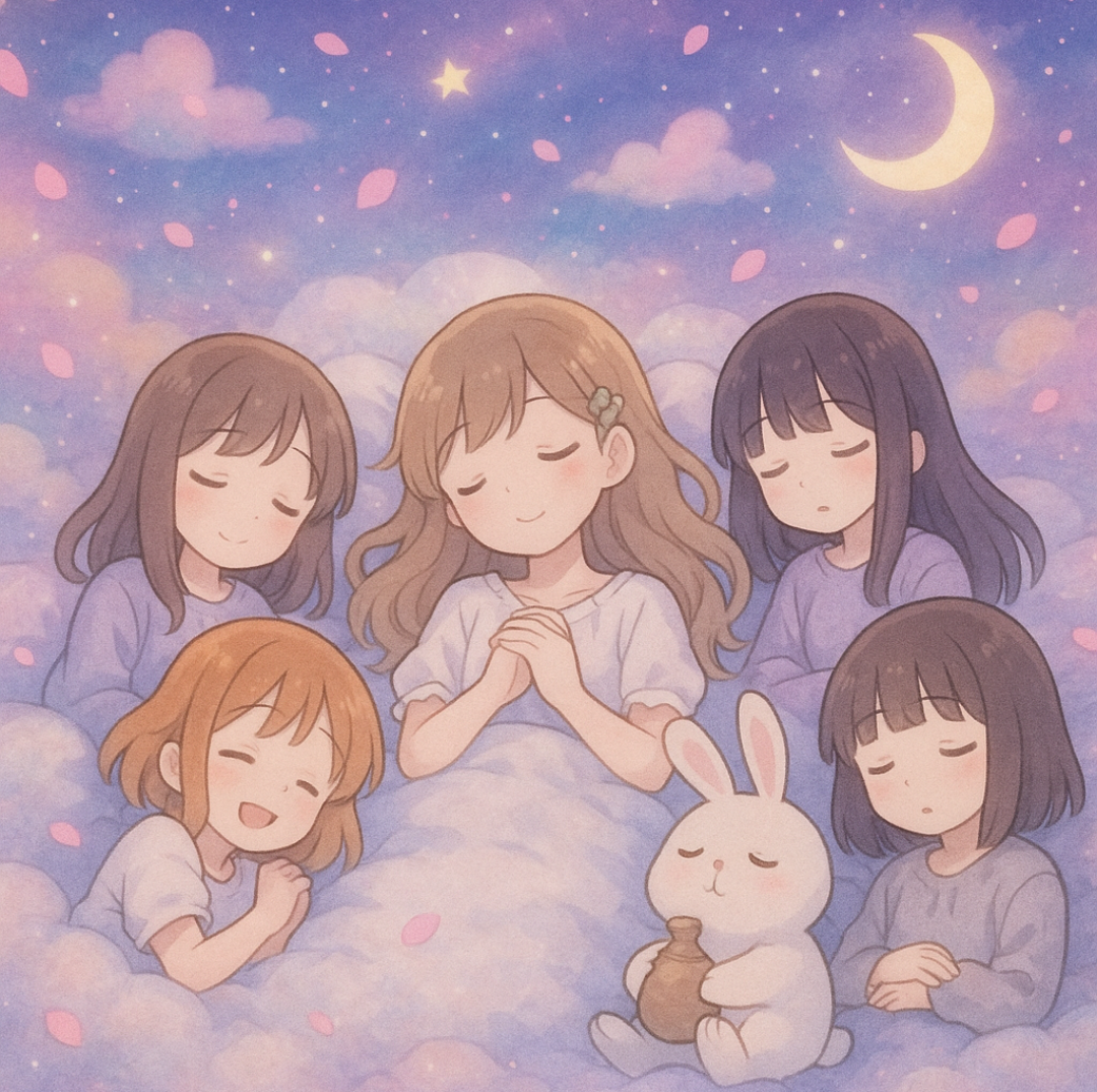 眠る少女たちと、酒器を抱いたうさぎ