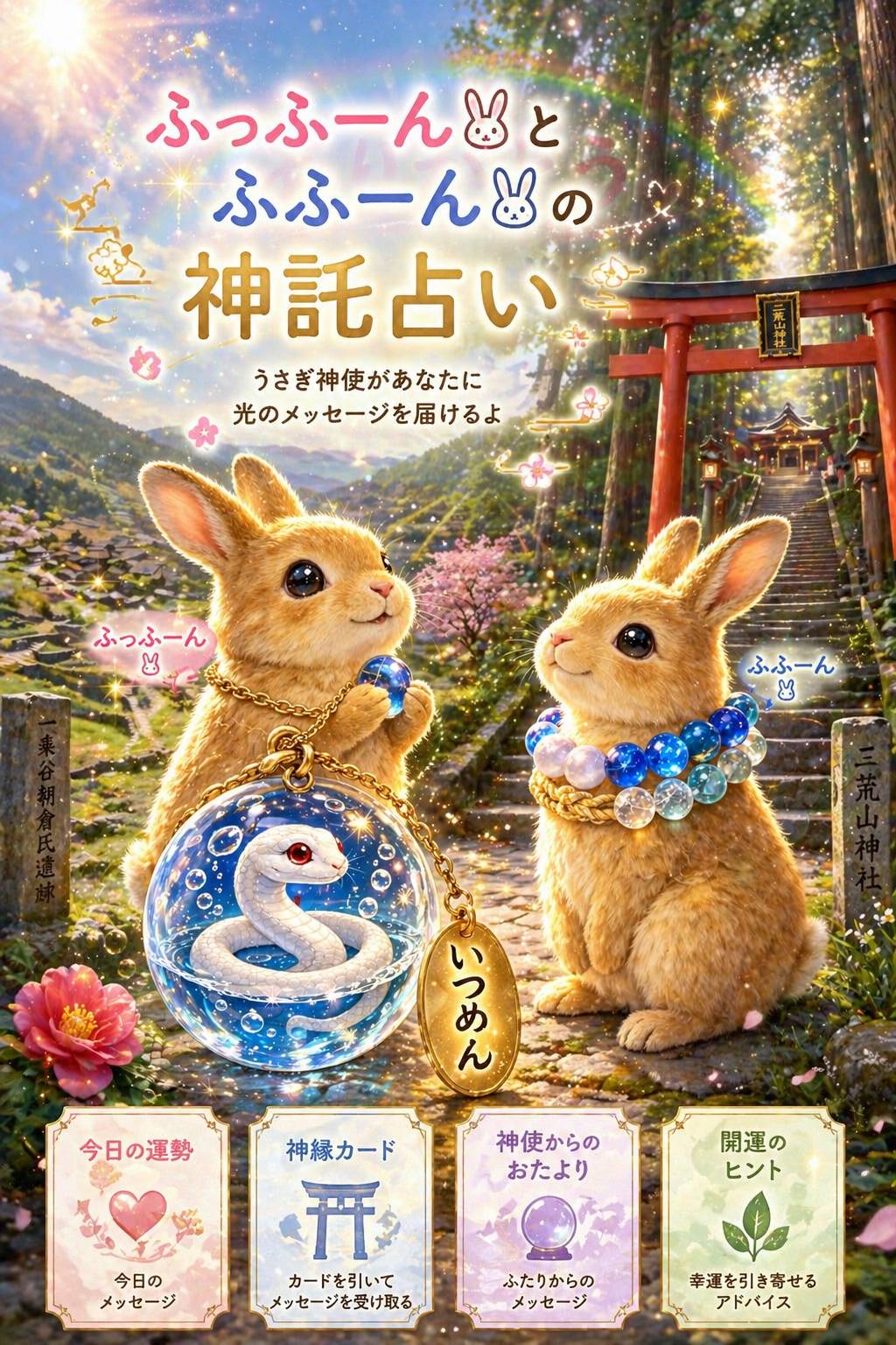 ふっふーんとふふーんの神託占い。うさぎ神使があなたに光のメッセージを届ける。今日の運勢、神縁カード、神使からのおたより、開運のヒント。