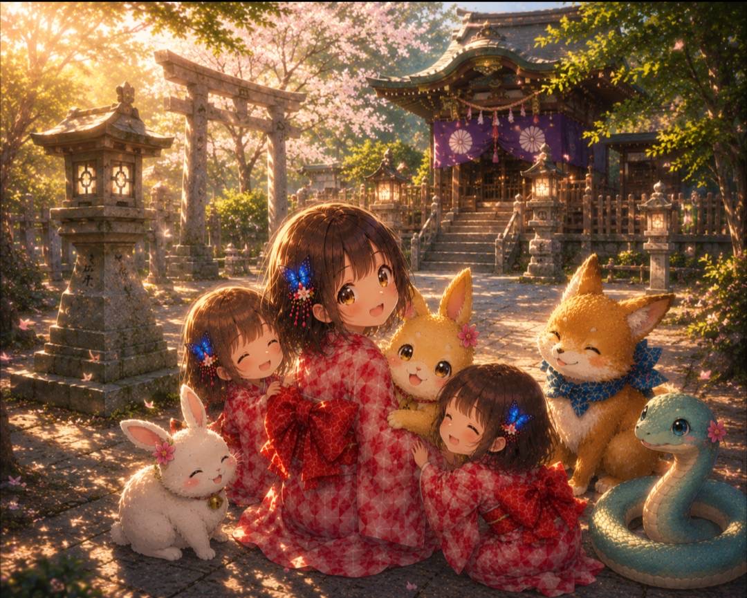 桜の咲く境内で、三人のわらこと、うさぎ・きつね・へびが寄り添っている