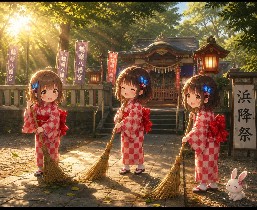 三人のわらこが、箒を持ってみんなでお掃除をしている